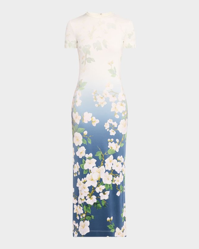 Short-Sleeve Cherry Blossom Jersey Ankle Dress